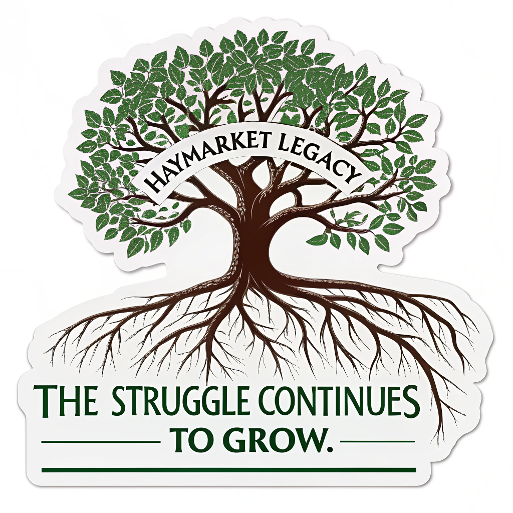 A sticker using a visual motif of roots (labeled 'Haymarket Legacy') growing into a strong tree whose branches represent different facets of the ongoing labor movement (e.g., fair wages, safe conditions, union rights). Text integration: 'The Struggle Continues to Grow.'