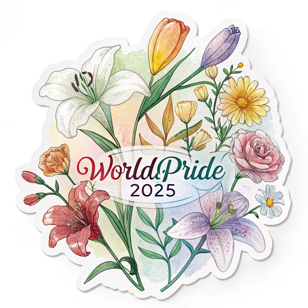 WorldPride 2025 Sticker - Watercolor Rainbow Garden: A sticker design using a soft, artistic watercolor style to depict a cluster of different flowers (like lilies, tulips, daisies). Each flower, or parts of the cluster, would softly blend through the rainbow colors, creating a dreamy, 'blooming' effect. The year '2025' could be subtly integrated.