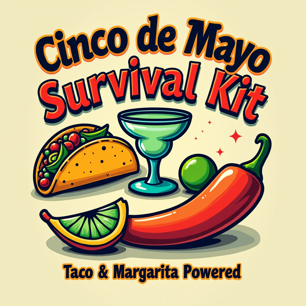T-Shirt Design Idea 2: 'Cinco de Mayo Survival Kit'. Features stylized icons of a taco, a margarita glass, a lime, and maybe a chili pepper, arranged like essential gear. Title: 'Cinco de Mayo Survival Kit' or 'Taco & Margarita Powered'.