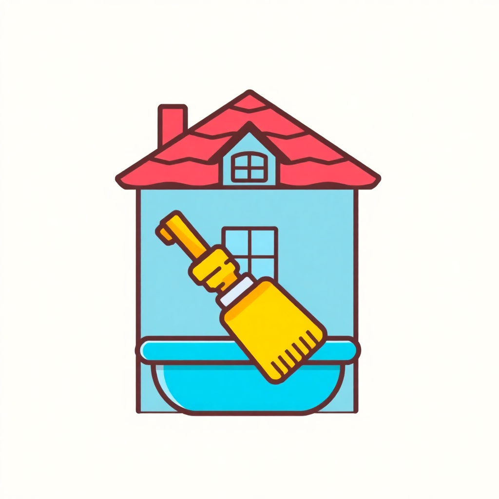 The image is an illustration of a small house with a red roof and a blue exterior. The house has a small window on the front and a chimney on the roof. In front of the house, there is a blue bathtub with a yellow spray bottle on top of it. The spray bottle has a long handle and a nozzle at the end. The image is in a flat, cartoon-like style.