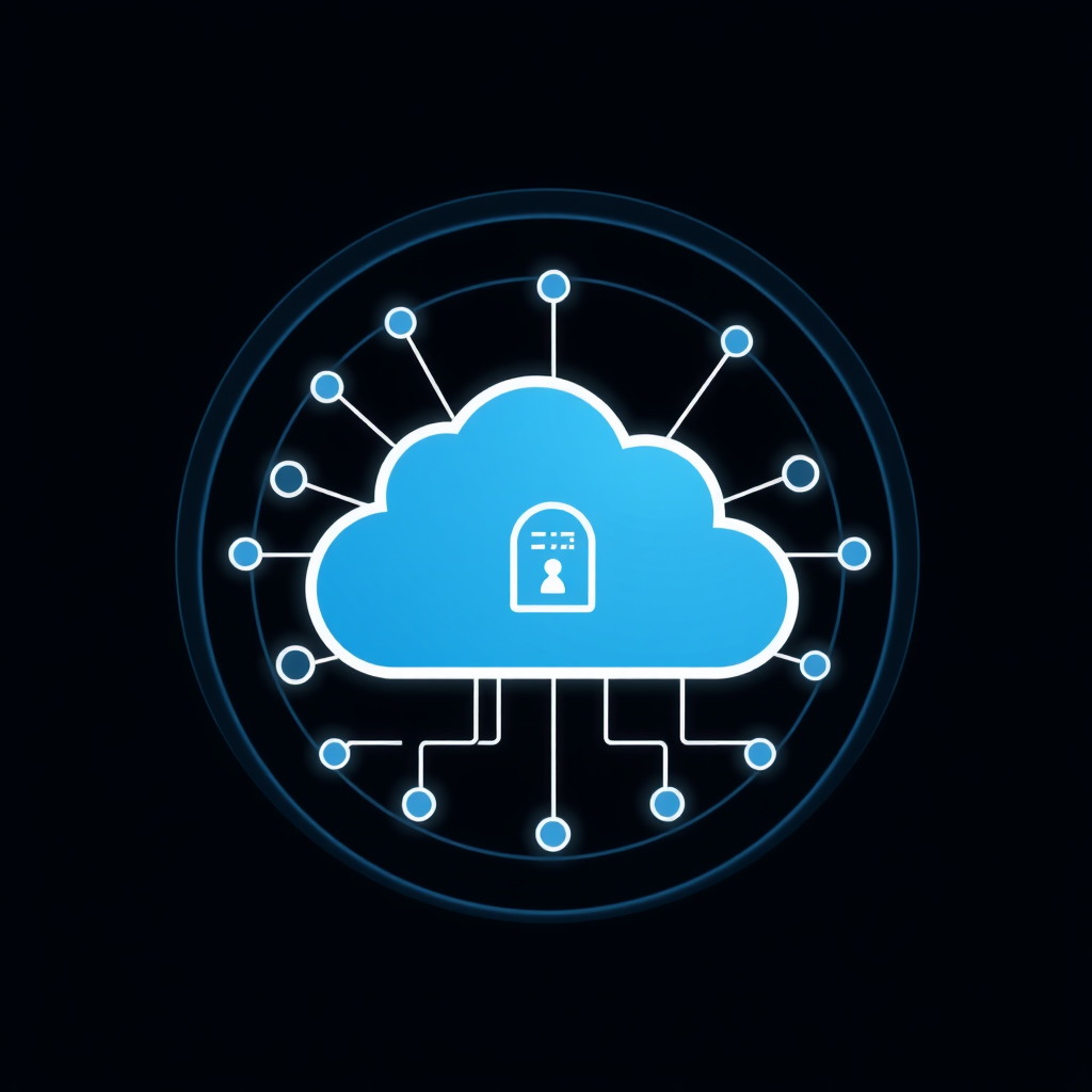 A cloud icon interconnected with server rack symbols, all enclosed within a protective digital barrier or circular shield outline, symbolizing secure cloud infrastructure and network access.