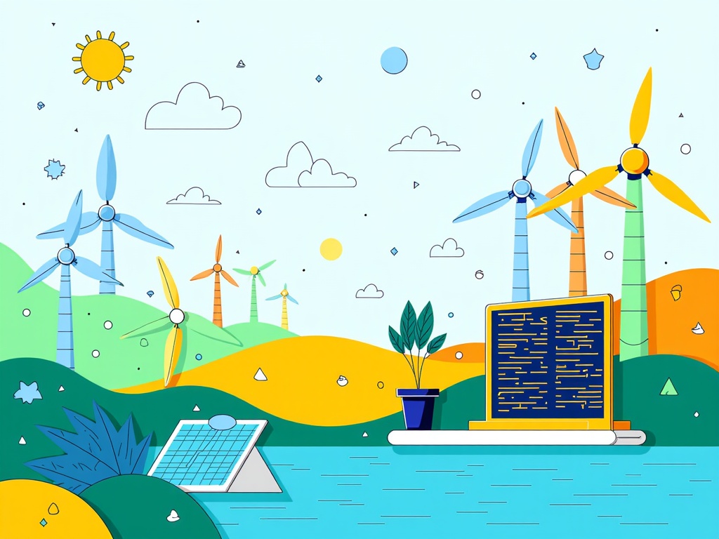 Visuals focusing on renewable energy sources (wind, solar, hydro) directly powering and intertwining with abstract representations of code, data centers, and technological innovation. For instance, wind turbines morphing into code structures or solar panels integrated into server aesthetics.