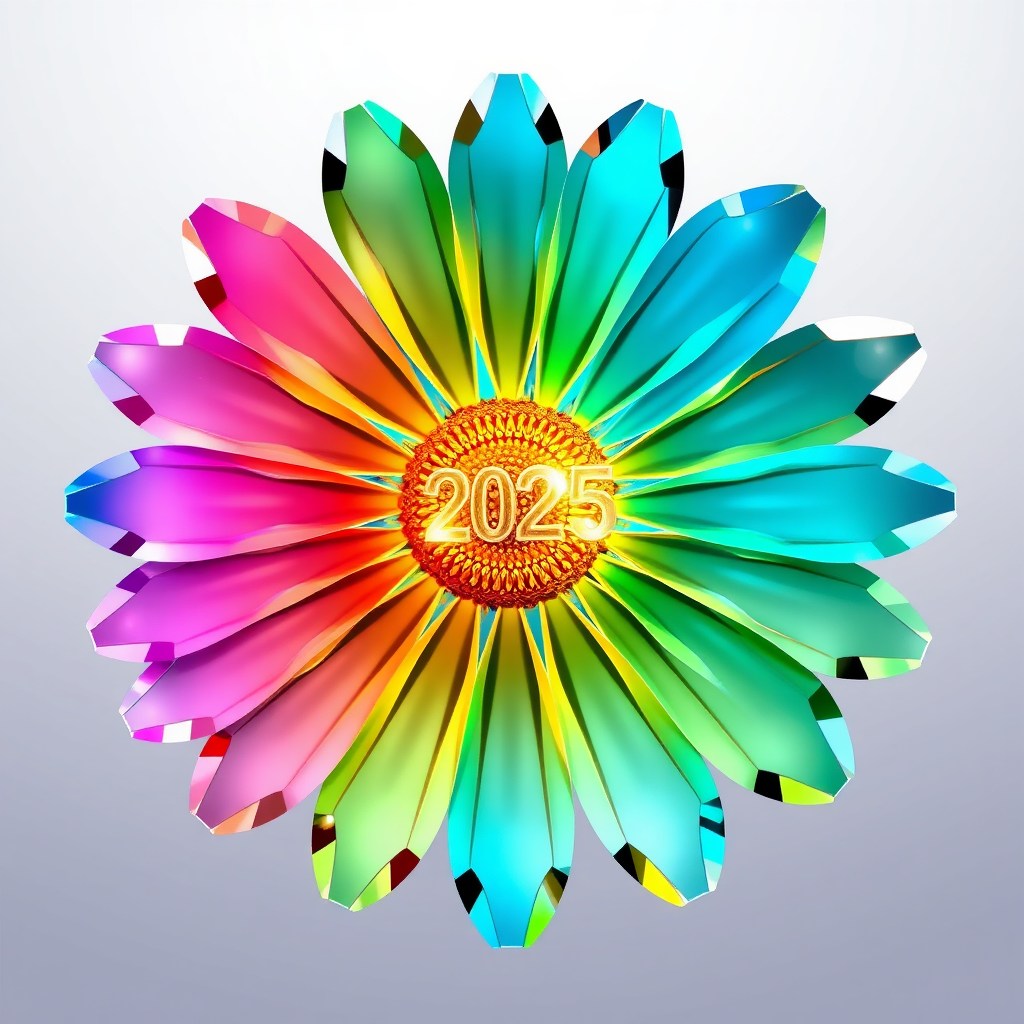 Crystalline Daisy Shard: Daisy formed from angular, crystal-like shards. Each shard refracts light, creating a localized spectrum. The entire flower subtly 'pulses' with an inner light, and '2025' is etched as if part of the crystal structure.