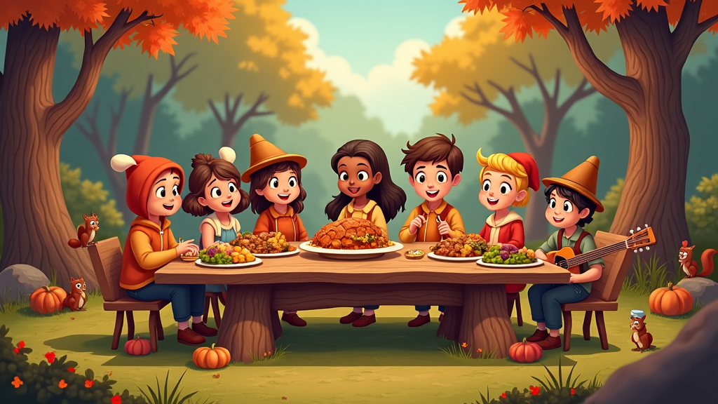 A festive Thanksgiving dinner in a woodland clearing depicted in a cartoon style. Characters surround a large log table brimming with dishes made from forest ingredients, each wearing cozy autumn outfits. The background shows colorful wildlife peeking curiously, while a musician strums a guitar, infusing music into the warmth of the holiday.