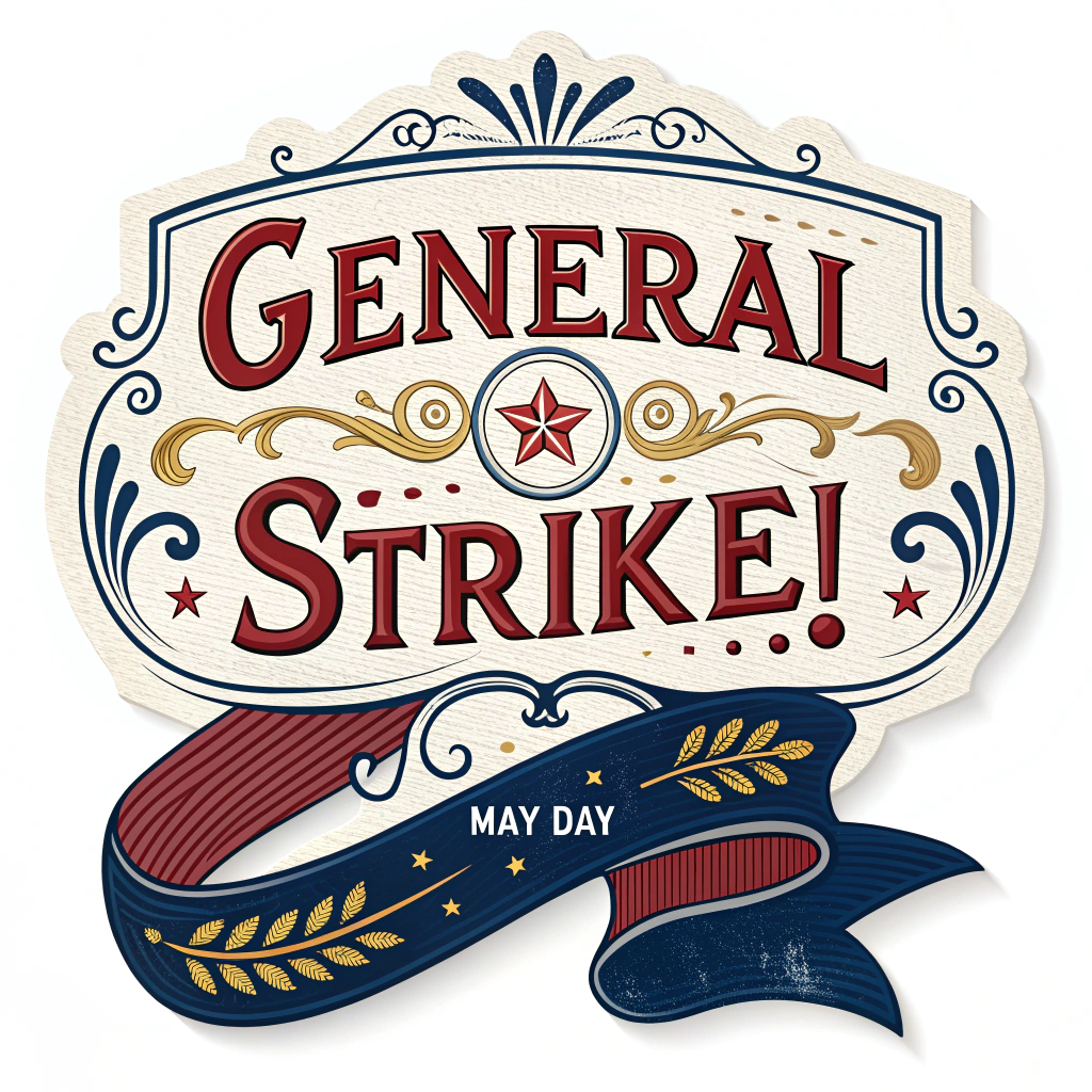 Retro Union Banner Sticker: 'GENERAL STRIKE!' in an ornate yet bold vintage lettering with drop shadows. Colors: rich reds, deep blues, cream, gold accents. 'May Day' incorporated on a stylized ribbon element.