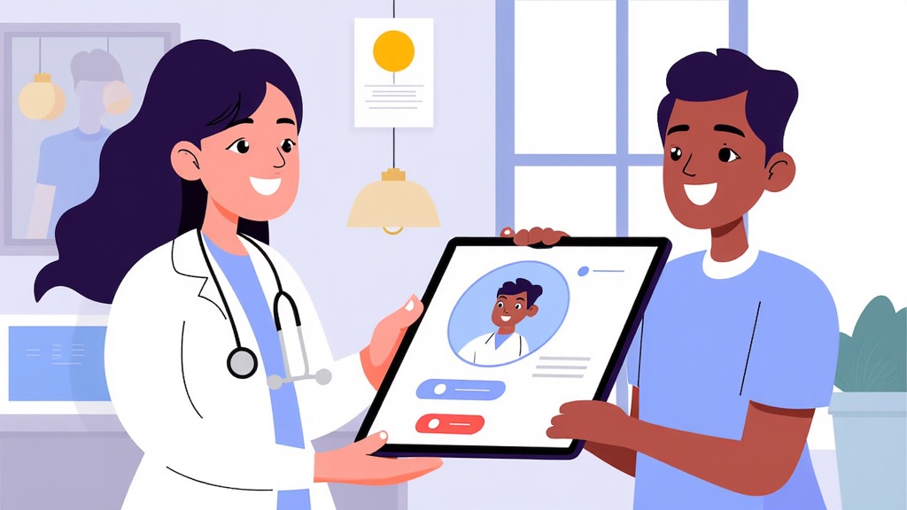 An AI assistant appearing as a friendly, customizable avatar on a tablet, guiding a patient through a virtual check-up or explaining a treatment plan with interactive visuals.
