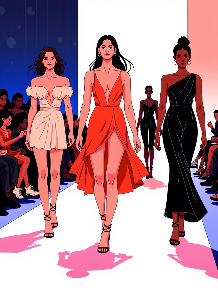 Runway Dynamics: Dynamic illustrations of models on the runway, highlighting dramatic silhouettes, key fashion pieces, and the specific mood of designer shows.