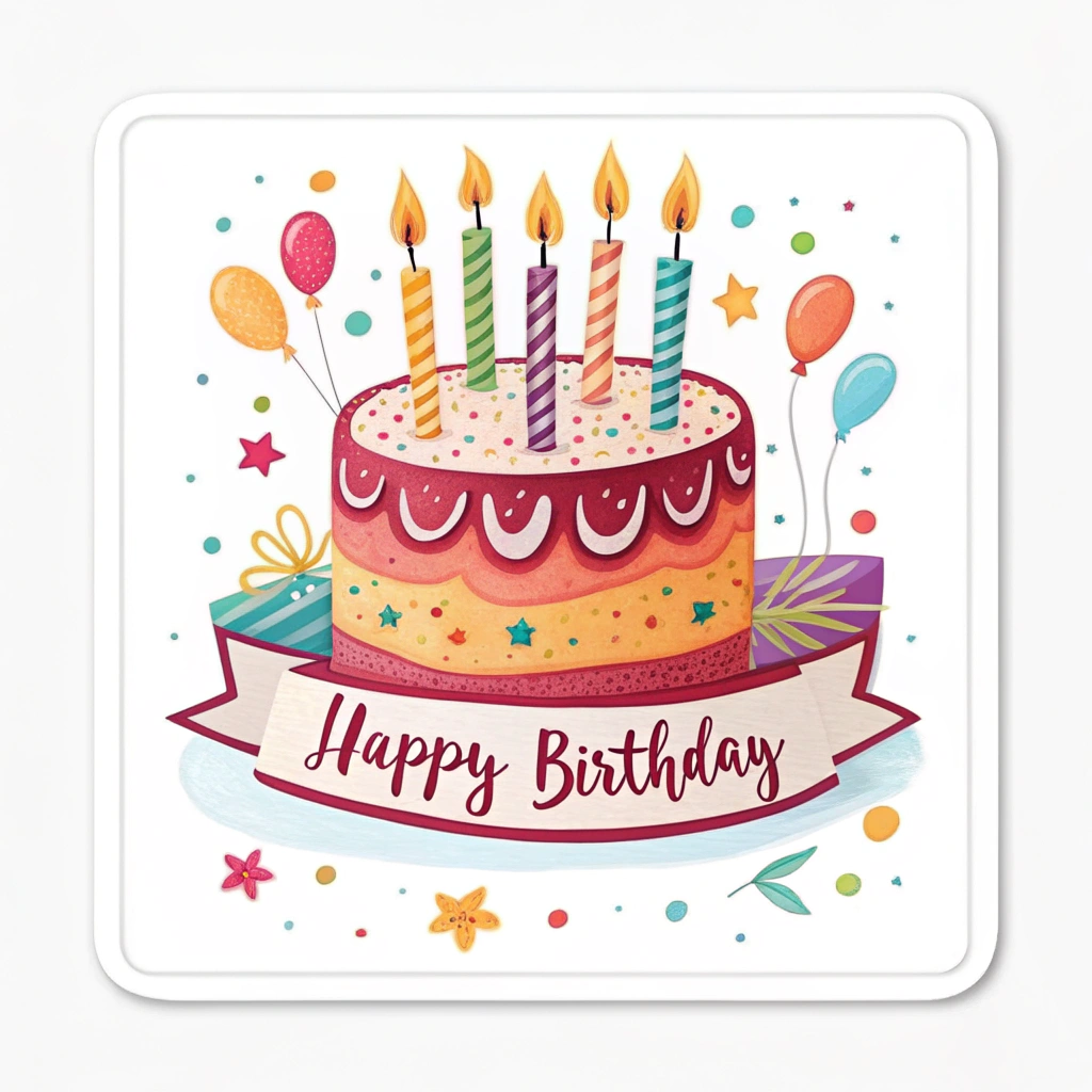 A rectangular sticker showing a whole birthday cake with multiple candles, with 'Happy Birthday' in a bold, playful typeface across the bottom.