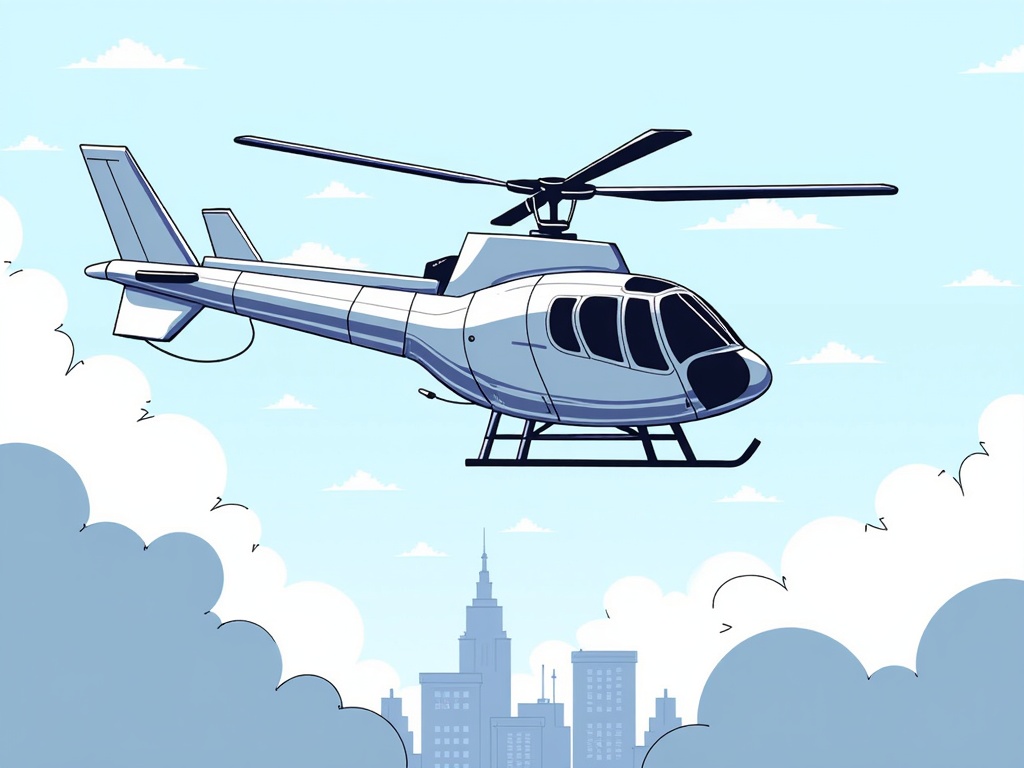 The image is an illustration of a helicopter flying in the sky. The helicopter is white with a blue stripe on the side and a black propeller. It is flying over a cityscape with tall buildings and skyscrapers in the background. The sky is a light blue with white clouds scattered throughout. The overall style of the illustration is flat and cartoon-like.