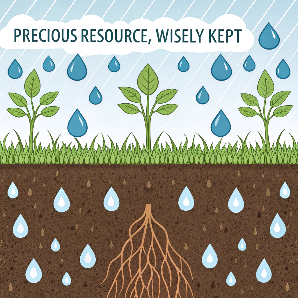 Designs illustrating enhanced water infiltration and retention in regenerative agricultural systems, using stylized raindrops, porous soil textures, and root imagery to tell the 'Precious Resource, Wisely Kept' story for water-efficient textiles.