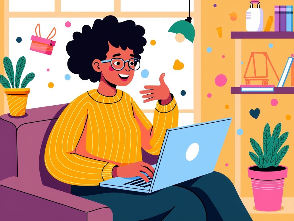  a young woman sitting on a purple armchair in a living room. She is wearing a yellow sweater and has curly black hair and glasses. She has a laptop on her lap and is smiling and pointing at something on the screen. There are two potted plants on either side of her and a bookshelf in the background. The room is decorated with colorful polka dots and there is a window with a view of the outside. The overall style of the illustration is cartoon-like and playful.