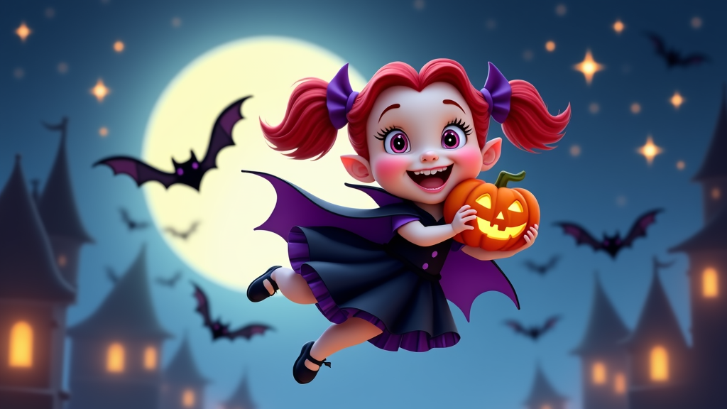 The image is a digital illustration of a cute little girl dressed up as a vampire for Halloween. She has red hair styled in two pigtails and is wearing a purple cape and a black dress. She is holding a large orange pumpkin in her hands and is flying in the air with a big smile on her face. The background is a night sky with a full moon and bats flying around. There are also several haunted houses with orange lights in the background. The overall mood of the image is spooky and festive.