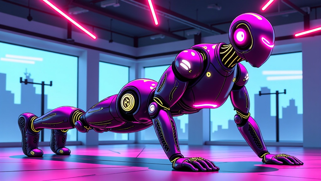  a robot in a futuristic-looking room with a cityscape in the background. The robot is in a plank position, with its arms and legs stretched out in front of it. It has a round head with two large eyes and a small mouth, and its body is covered in a purple and black suit with gold accents. The suit appears to be made of metal and has a metallic finish. The room has a high ceiling with neon lights, and there are large windows that offer a view of the city skyline. The overall mood of the image is futuristic and futuristic.