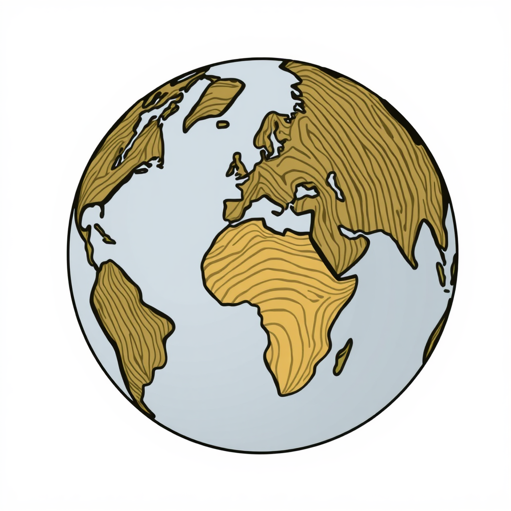 Globe depicted with landmasses filled with patterns resembling wood grain, soil textures, or leaf veins, all drawn with organic, imperfect strokes.