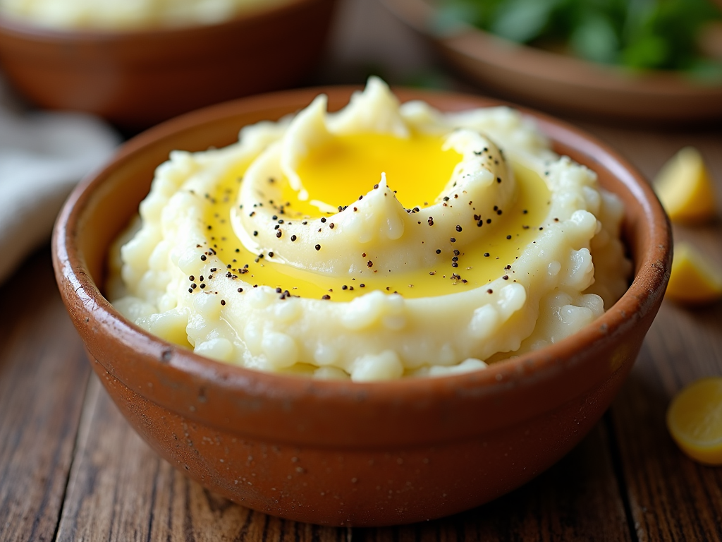 A close-up image of creamy mashed potatoes seasoned with freshly cracked black pepper and a drizzle of melted butter, served in a rustic ceramic bowl on a wooden table.