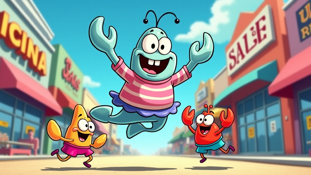 Pearl Krabs jumping in excitement upon seeing a sale sign outside the Bikini Bottom Mall, with her friends in tow.