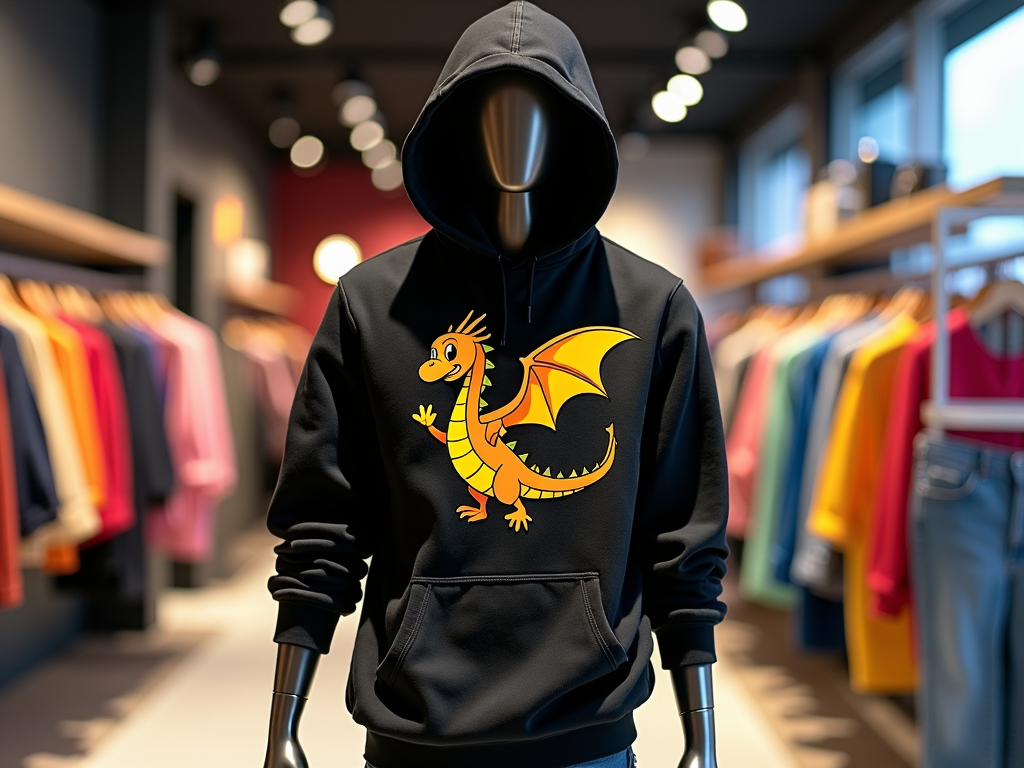 Mannequin dressed in a black cartoon hoodie with a dynamic dragon character flying across the front.