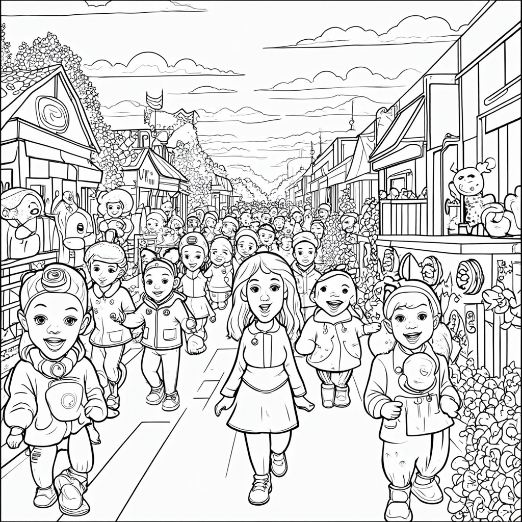 A 'Spot the Roses' interactive coloring page featuring a busy parade scene with multiple floats, where kids can count and color different types and colors of roses hidden within the designs.