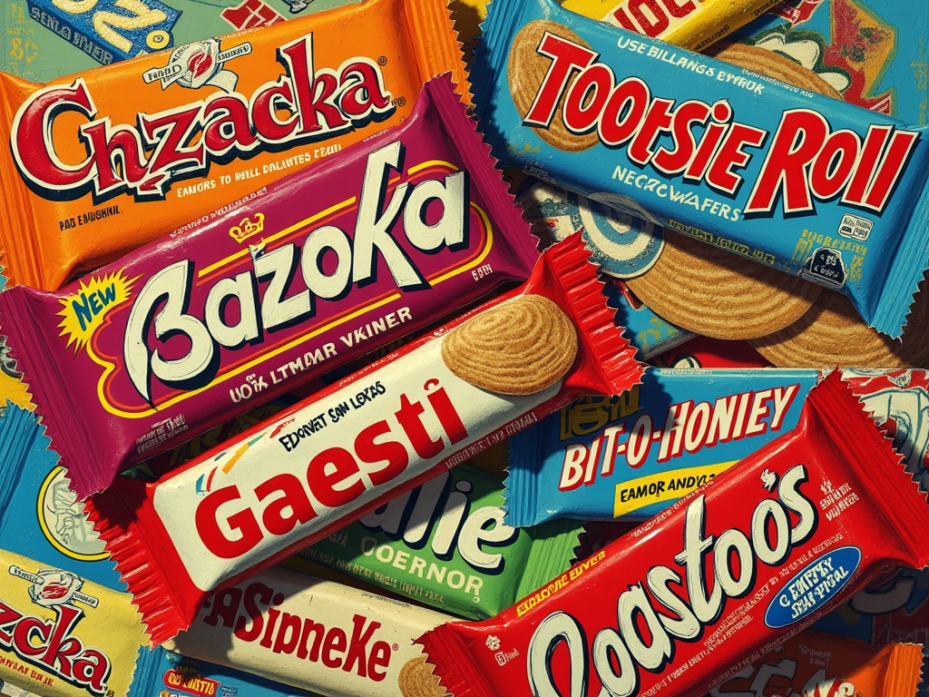 The 'All-Stars' Collage: A vibrant, overlapping collage featuring instantly recognizable vintage candy wrappers (e.g., Bazooka, Tootsie Roll, Necco Wafers, Sugar Daddy, Bit-O-Honey). Focus on bright colors and iconic logos from the 50s-80s, perhaps with a slightly distressed texture.
