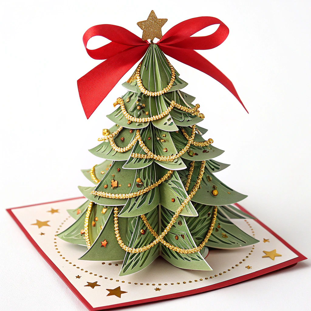 A pop-up Christmas tree sticker with layers of paper creating a 3D effect, embellished with golden garlands and a bright red ribbon tied in a bow at the top.