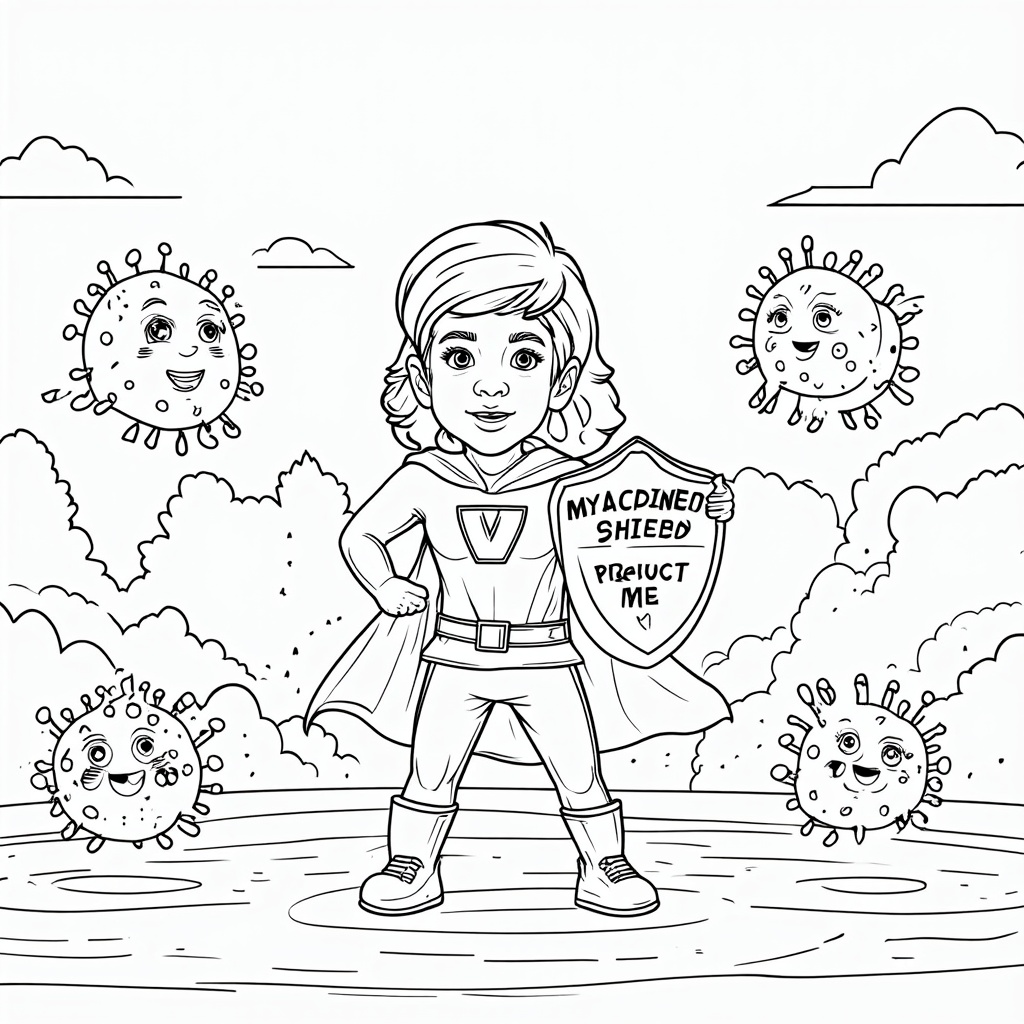 Coloring page depicting a child superhero with a shield (representing the vaccine) deflecting cartoonish measles virus characters. Text: 'My Vaccine Shield Protects Me!'