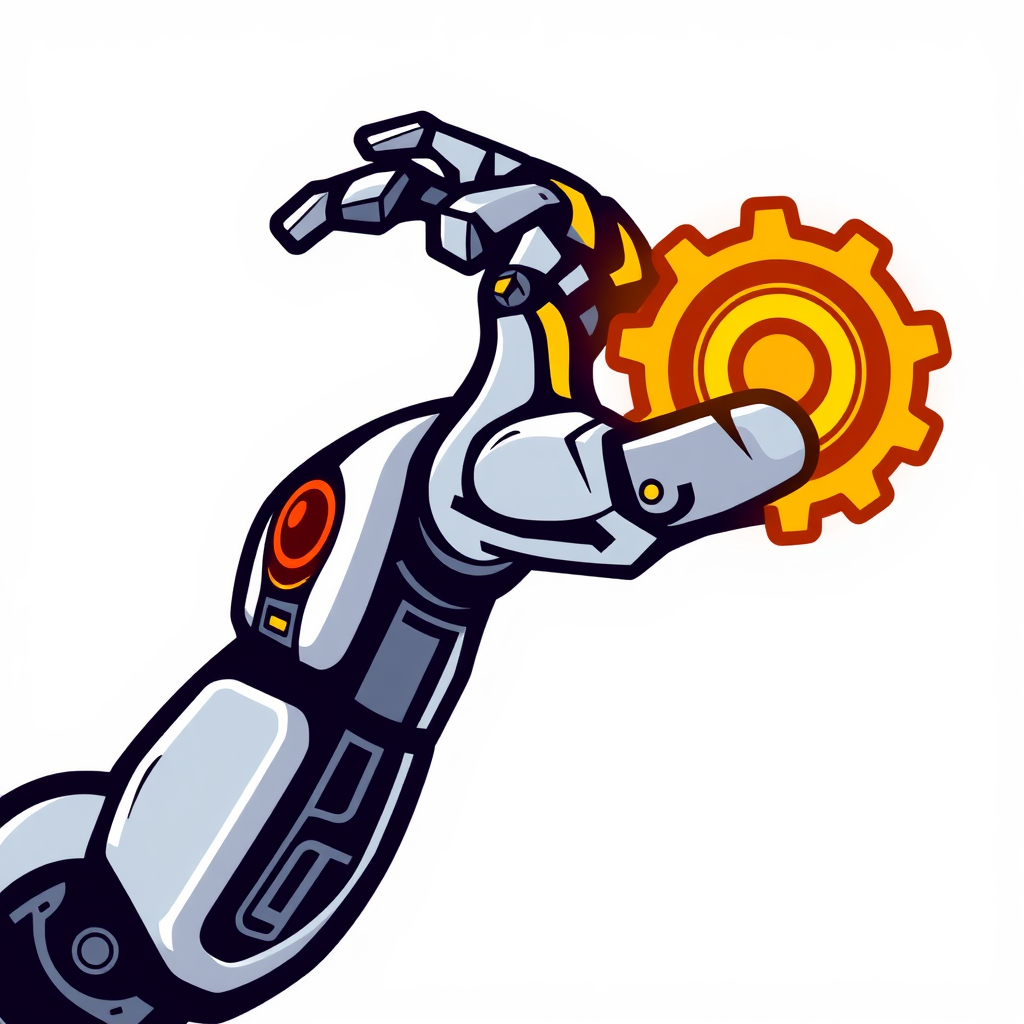 Stylized robotic arm with integrated circuit patterns along its structure, perhaps holding a glowing gear or abstract shape representing data.