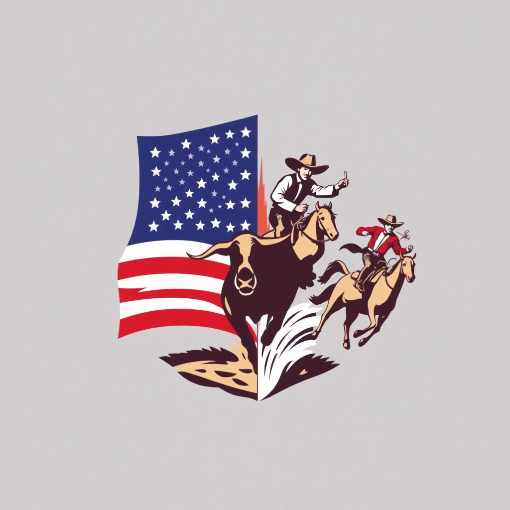 A split design with one half featuring a traditional American flag and the other half showcasing a dynamic rodeo scene including a bull rider, barrel racer and rodeo clowns.