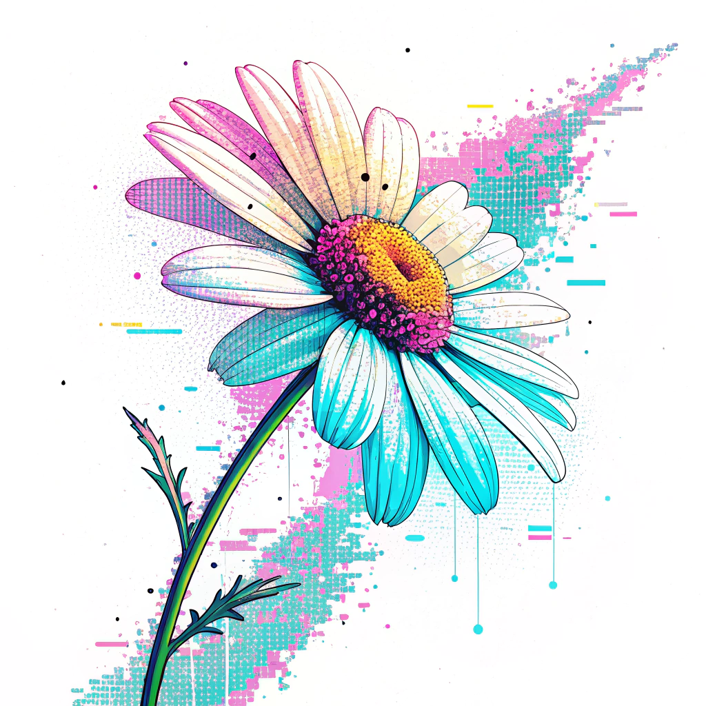 Sub-design Idea 2: Neon Glitch Pixel Daisy - A pixel daisy rendered with vibrant neon colors and a 'glitch art' effect, featuring offset pixel segments, scan lines, or color channel distortions to evoke a retro-futuristic digital breakdown.
