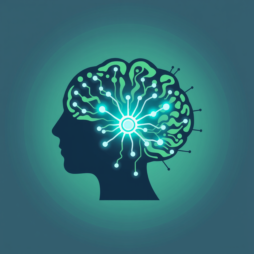 Sub-design Idea 1: 'Symbiotic Mind'. An icon depicting a stylized human silhouette or brain integrating with abstract digital patterns or neural network lines, with a shared glowing node at the point of interface to signify collaborative generation.