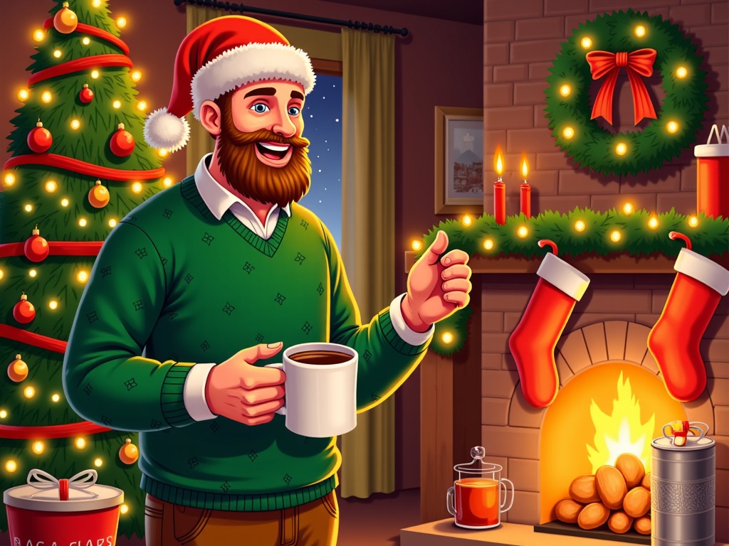  a man with a beard and mustache wearing a red Santa hat and a green sweater. He is standing in front of a fireplace with a Christmas tree on the left side of the image. The tree is decorated with colorful ornaments and lights, and there is a wreath hanging on the wall above it. On the fireplace, there are two red stockings hanging from the mantle and a mug of hot chocolate on the mantel. The man is holding a white mug of coffee in his right hand and is giving a thumbs up with his left hand. There is also a red gift box with the words Merry Christmas written on it next to the fireplace. The room appears to be decorated for the holiday season.