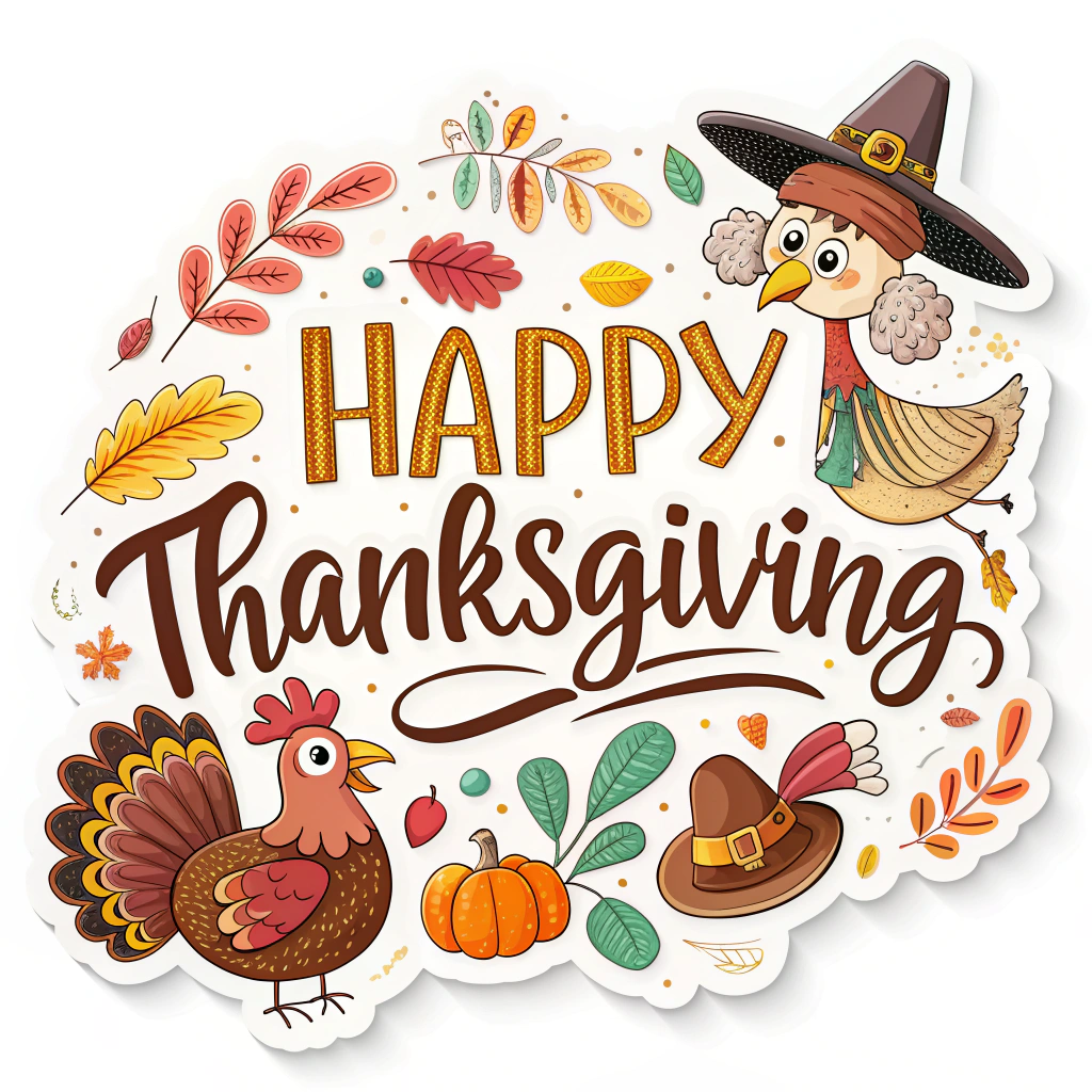 The image shows a happy Thanksgiving card with a cartoon turkey wearing a pilgrim hat and surrounded by leaves and fruits. The text reads 