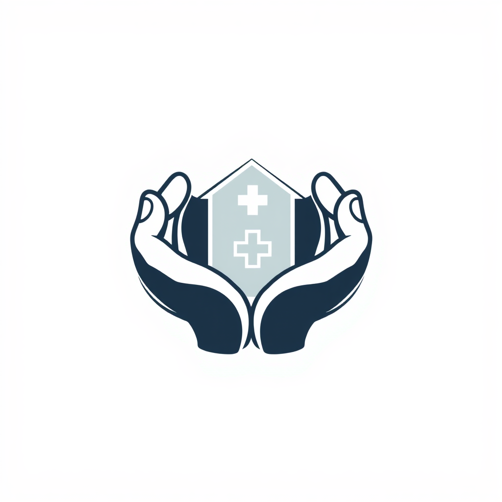 An abstract design where minimalist line art depicts hands cradling a small building icon that incorporates a medical cross symbol.