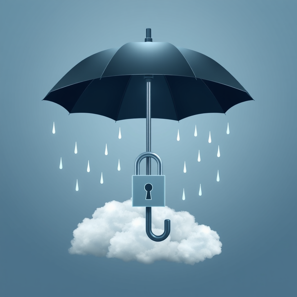 An open umbrella with its pole transforming into a secure lock or a key, positioned directly above a cloud. Digital 'raindrops' (representing data) are shown deflecting off the umbrella.