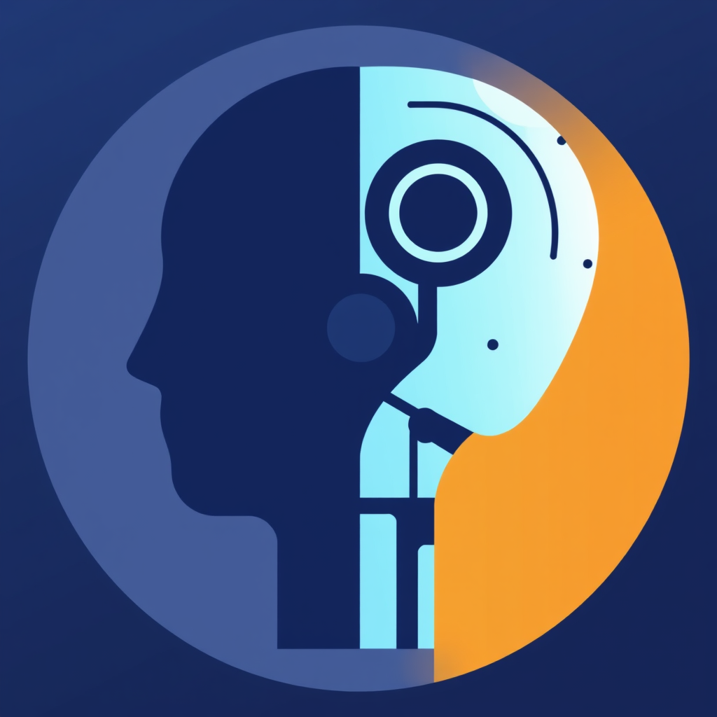 Simple Icon Idea: A clean, iconic representation with a simplified human head silhouette seamlessly merging on one side with a simplified robotic head silhouette (e.g., one side smooth, other side with a subtle gear or circuit line detail). The point of connection is smooth and integrated.