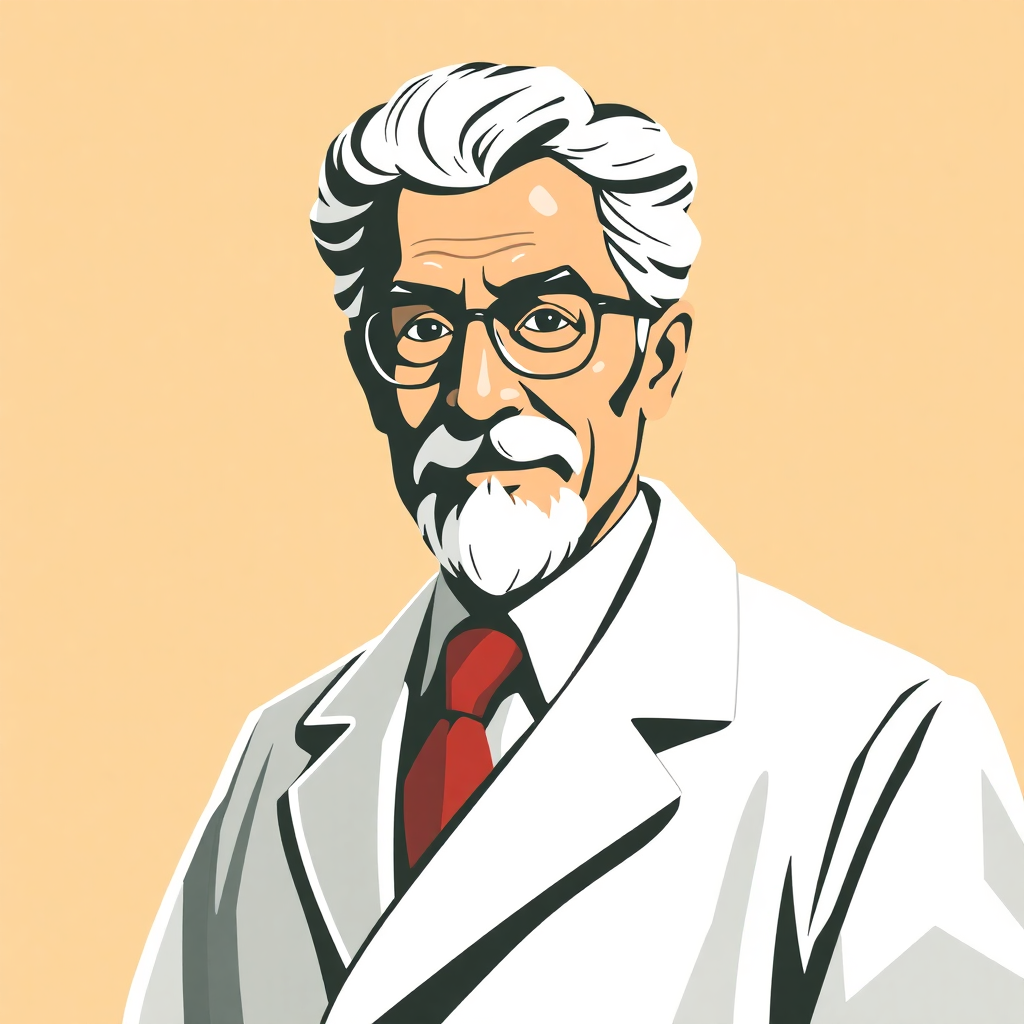 The image is a portrait of an elderly man with a white beard and mustache. He is wearing a white lab coat and a red tie. He has a pair of glasses on and is looking directly at the camera with a serious expression. The background is a light peach color. The man appears to be in his late 60s or early 70s.