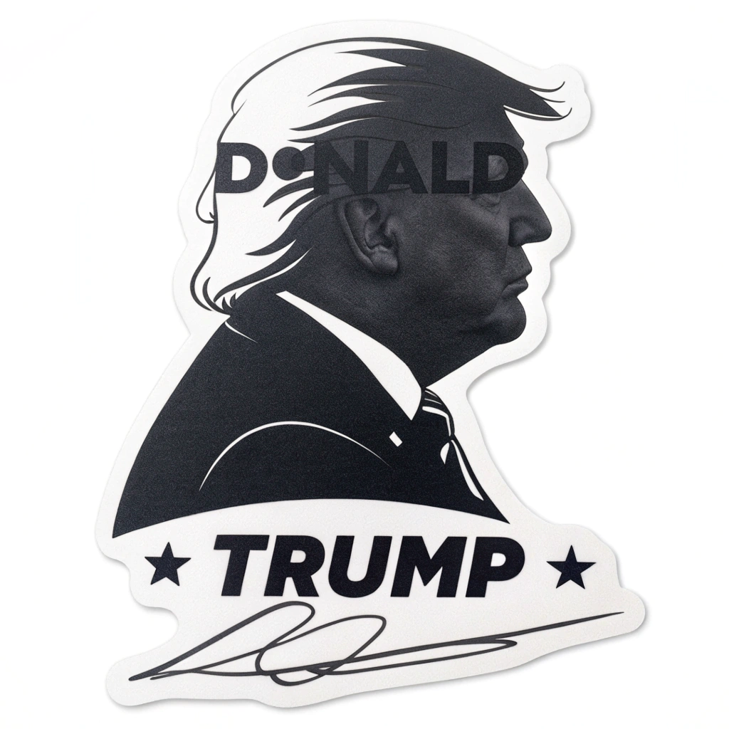 A sticker with Trump's signature overlaid on a silhouette of his profile.