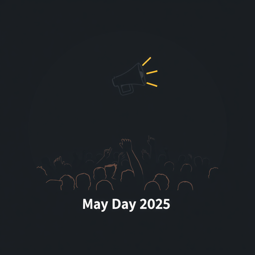 Sub-design Idea 2: A packed crowd silhouette forms a strong base, with a single, stylized megaphone rising centrally above them, pointing upwards to symbolize a unified message. 'May Day 2025' could be discreetly part of the crowd base.