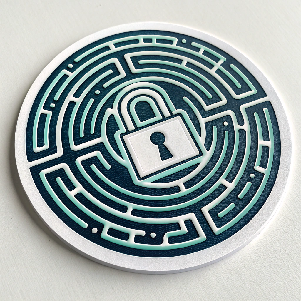 Labyrinth Lock Circuit: An intricate circuitry pattern forming a circular maze or labyrinth, with a stylized padlock icon at its center. The circuit lines emit a cool white or electric blue glow, symbolizing secured pathways.