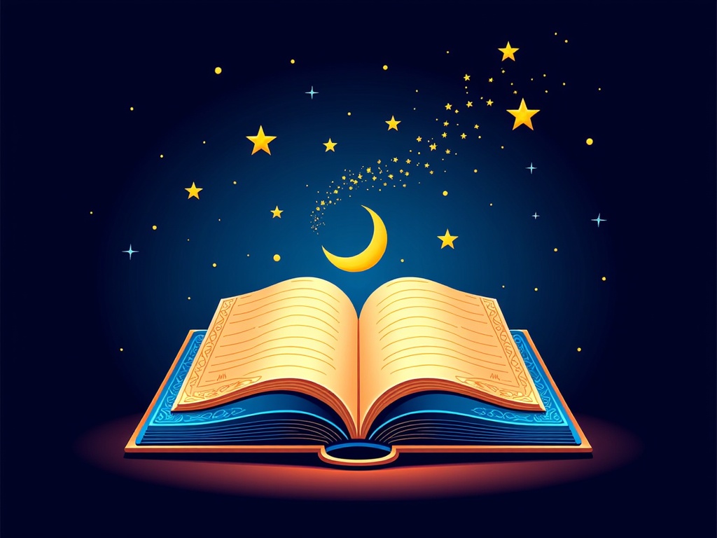 Simple Logo Idea: A stylized, open ancient book from which a crescent moon and a trail of stars gracefully emerge, symbolizing the unfolding stories of Arabian Nights spreading into the night.