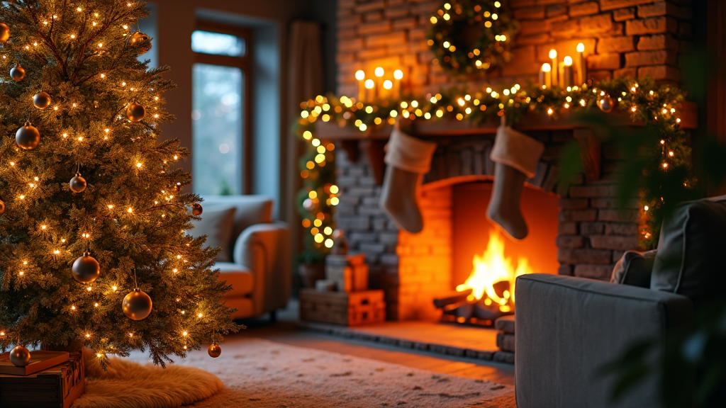 A cozy living room featuring a beautifully decorated Christmas tree adorned with shimmering silver and gold ornaments, twinkling fairy lights, and a soft, plush tree skirt. Stockings hang from the mantle of a stone fireplace, with a roaring fire casting a warm glow over the room.