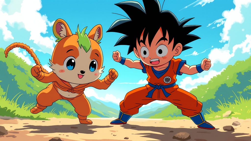Illustrations series: 'Dynamic Duo Encounters' - Each piece features the MomoCon mascot teaming up with a single iconic anime legend (e.g., mascot training with Goku, exploring with Totoro), blending art styles or drawing the legend in the mascot's style, capturing iconic poses or scenes.