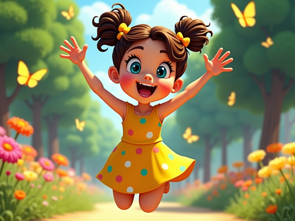  a young girl with brown hair and blue eyes, wearing a yellow dress with colorful polka dots. She is jumping in the air with her arms stretched out wide and a big smile on her face. The background is a beautiful garden with colorful flowers and trees. There are also several yellow butterflies fluttering around the girl. The sky is blue and the overall mood of the image is cheerful and playful.