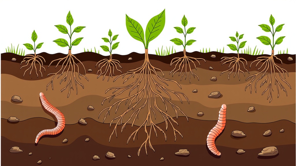 An illustration showing a cross-section of healthy soil. The top layer features thriving plants, while below, intricate root systems, earthworms, and beneficial microbes are visible, highlighting how regenerative practices build soil health which is foundational to local food systems.