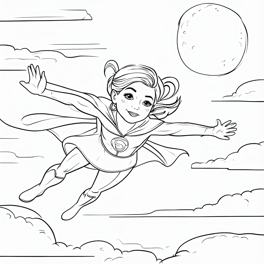 Serene Glide: Superhero flying horizontally, arms outstretched as if gliding, with a peaceful or determined expression. Clouds are wispy and soft, perhaps with a sun or moon visible.