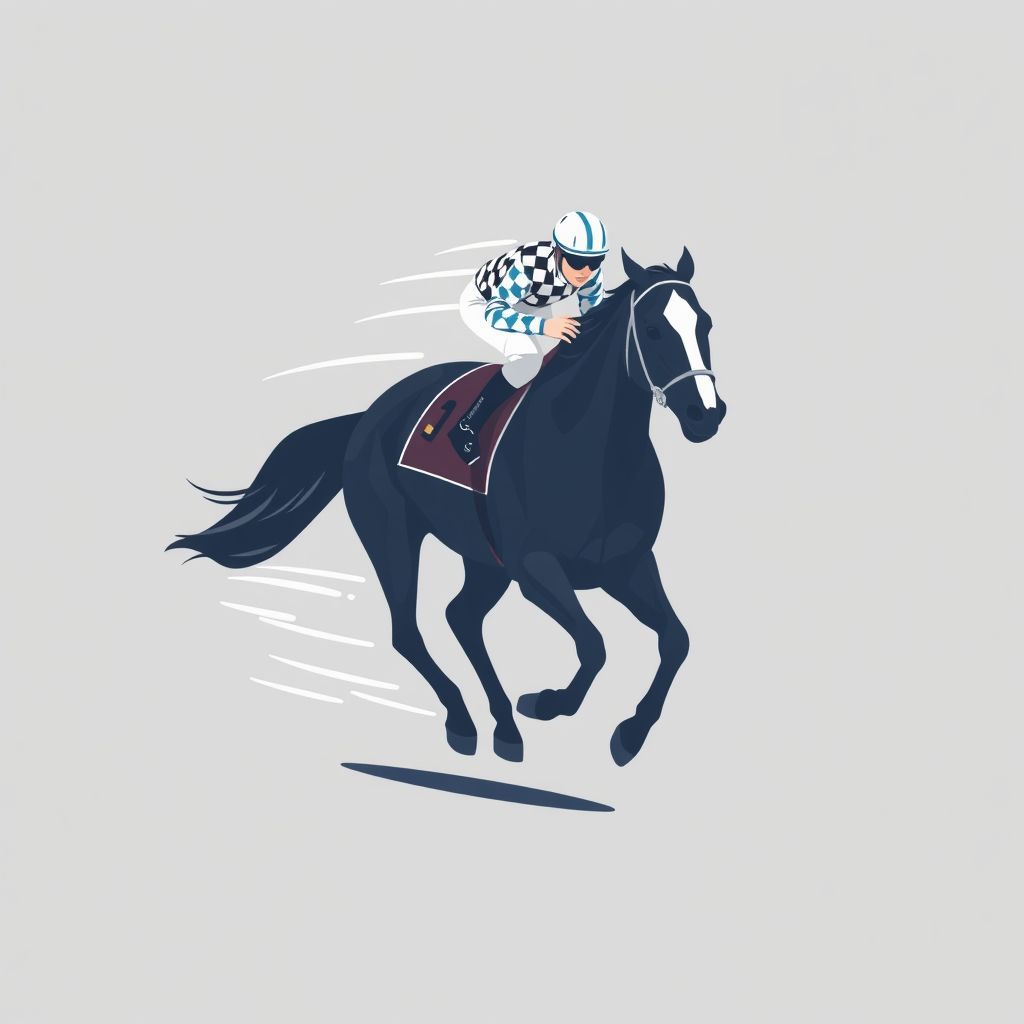 Sub-Design Idea 2 (The Winner's Blur): A single, prominent jockey and horse, rendered with a dynamic speed graphic effect (e.g., blurred lines trailing behind, stylized wind sheer). The jockey's silks are crisp and clear, contrasting with the motion around them, highlighting the winner. Sleek, modern illustration. Focus on a lead horse. The jockey's silk pattern is the most detailed element. Background elements or trailing parts of the horse are stylized speed graphics.