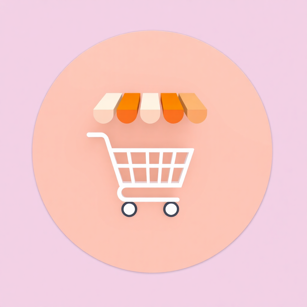 The image is a circular icon with a light pink background. In the center of the circle, there is a white shopping cart with four wheels. On top of the cart, there are three orange and white striped boxes. The boxes are arranged in a diagonal line, with the top box being the largest and the bottom two being the smallest. The overall design is simple and minimalistic.