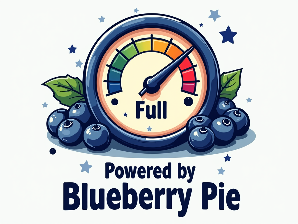 A graphic depicting a fuel gauge or battery meter pointing to 'Full', with the label 'Blueberry Pie' next to the gauge, and the slogan 'Powered by Blueberry Pie' underneath.