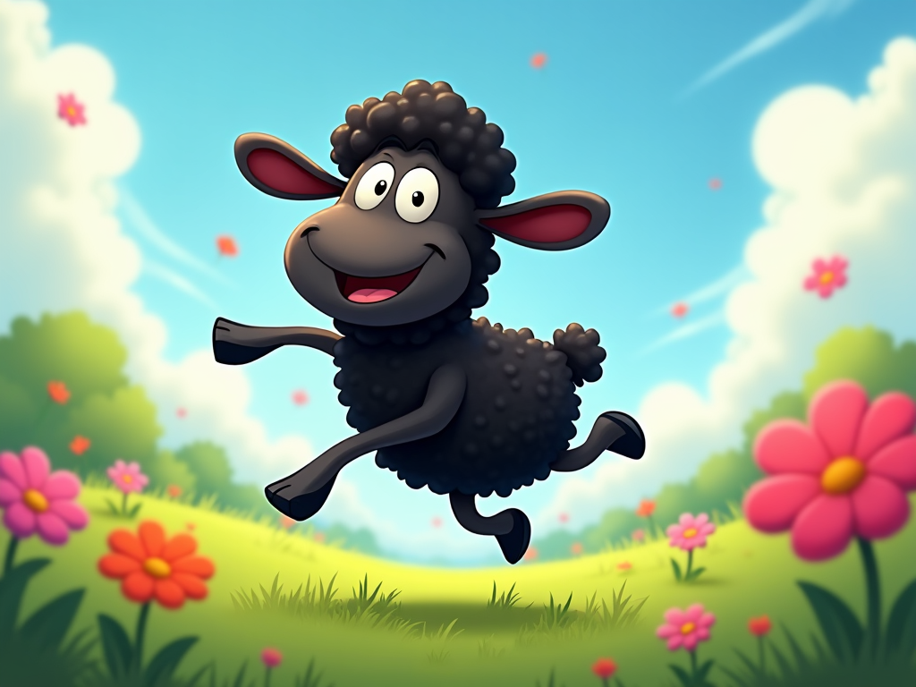 The image shows a cartoon black sheep jumping in the air with a big smile on its face, surrounded by lush green grass and colorful flowers. In the background, there are tall trees and fluffy white clouds in the sky.