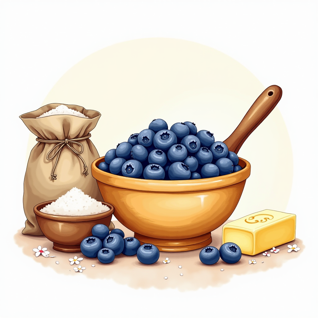 A central, stylized illustration of a mixing bowl with primary ingredients (blueberries, flour sack, sugar bowl, butter stick) arranged neatly around it.