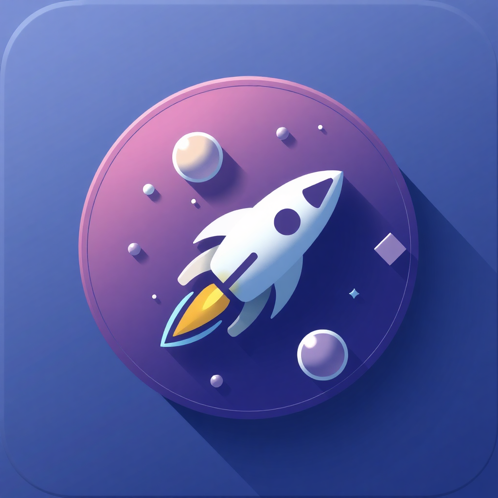 The image is a square icon with a purple background. In the center of the icon, there is a white rocket ship with a yellow flame coming out of it. The rocket is surrounded by small white spheres and stars. The overall design is flat and cartoon-like.